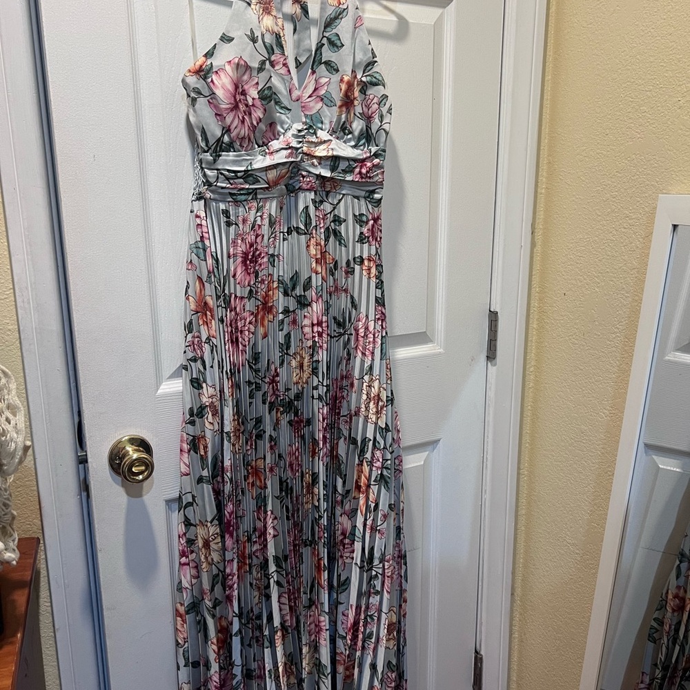 Blue and Pink Ruched Halter Maxi Dress